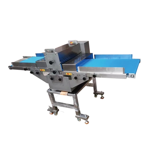 Horizontal meat cutter equipped with blue anti-slip textured belts for processing slippery fresh meat.