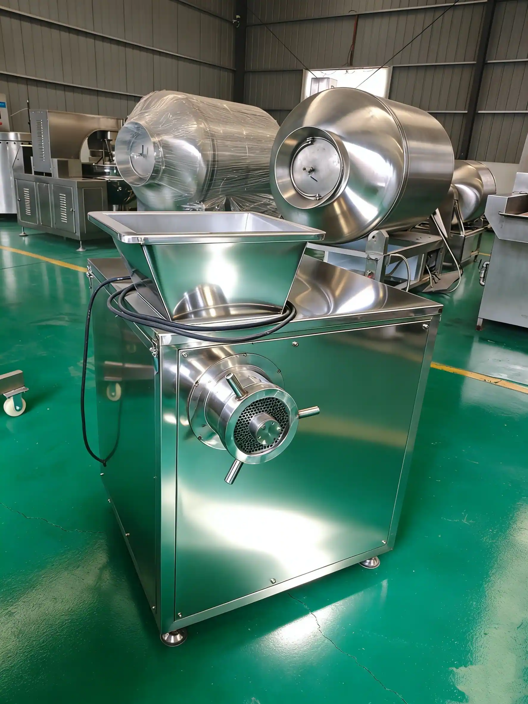 Automatic frozen chicken mincer machine for poultry processing and nugget manufacturing.