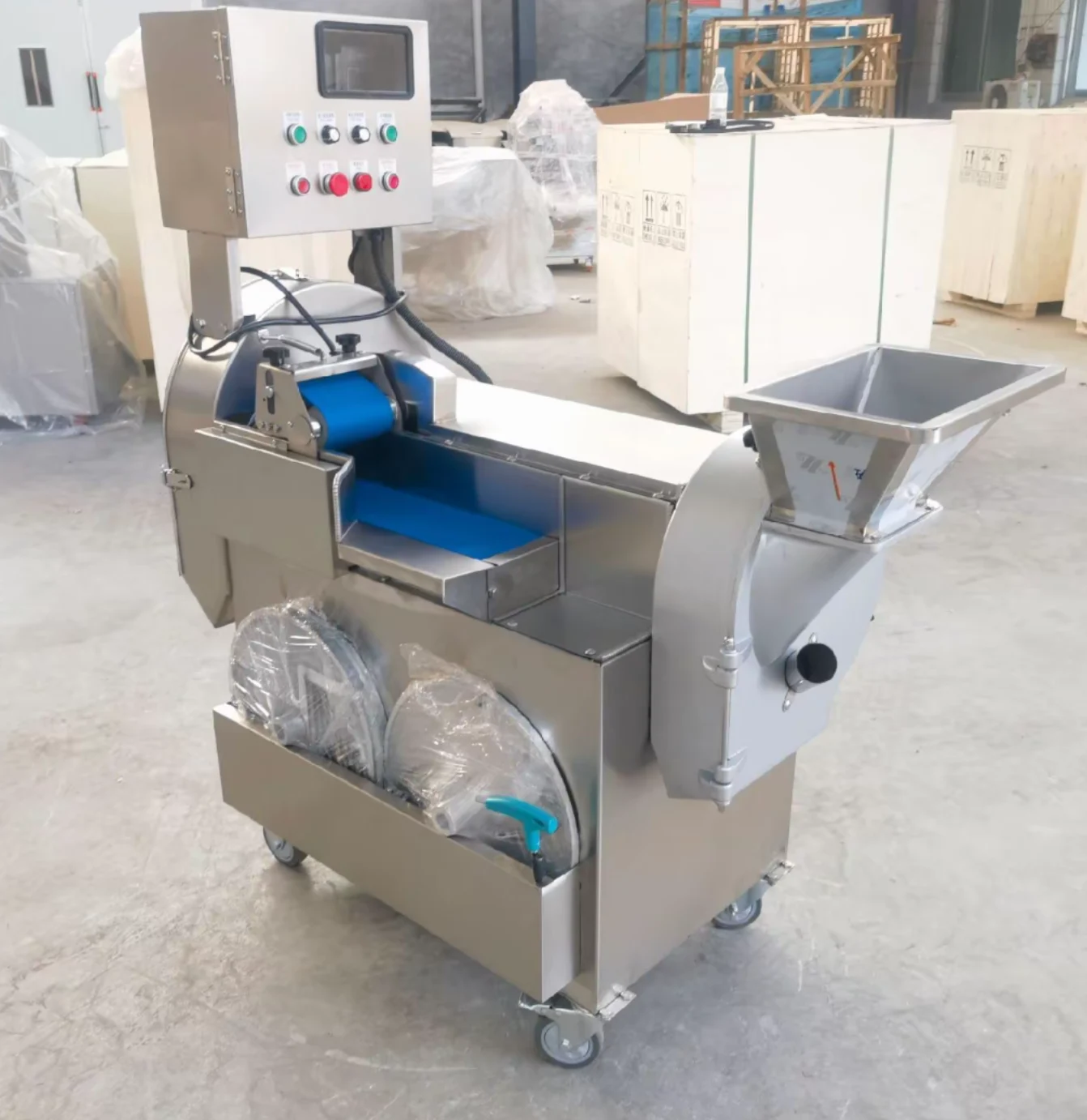 Conveyor belt cabbage and celery chopping machine ensuring clean and uniform cuts for salads and stir-fries.