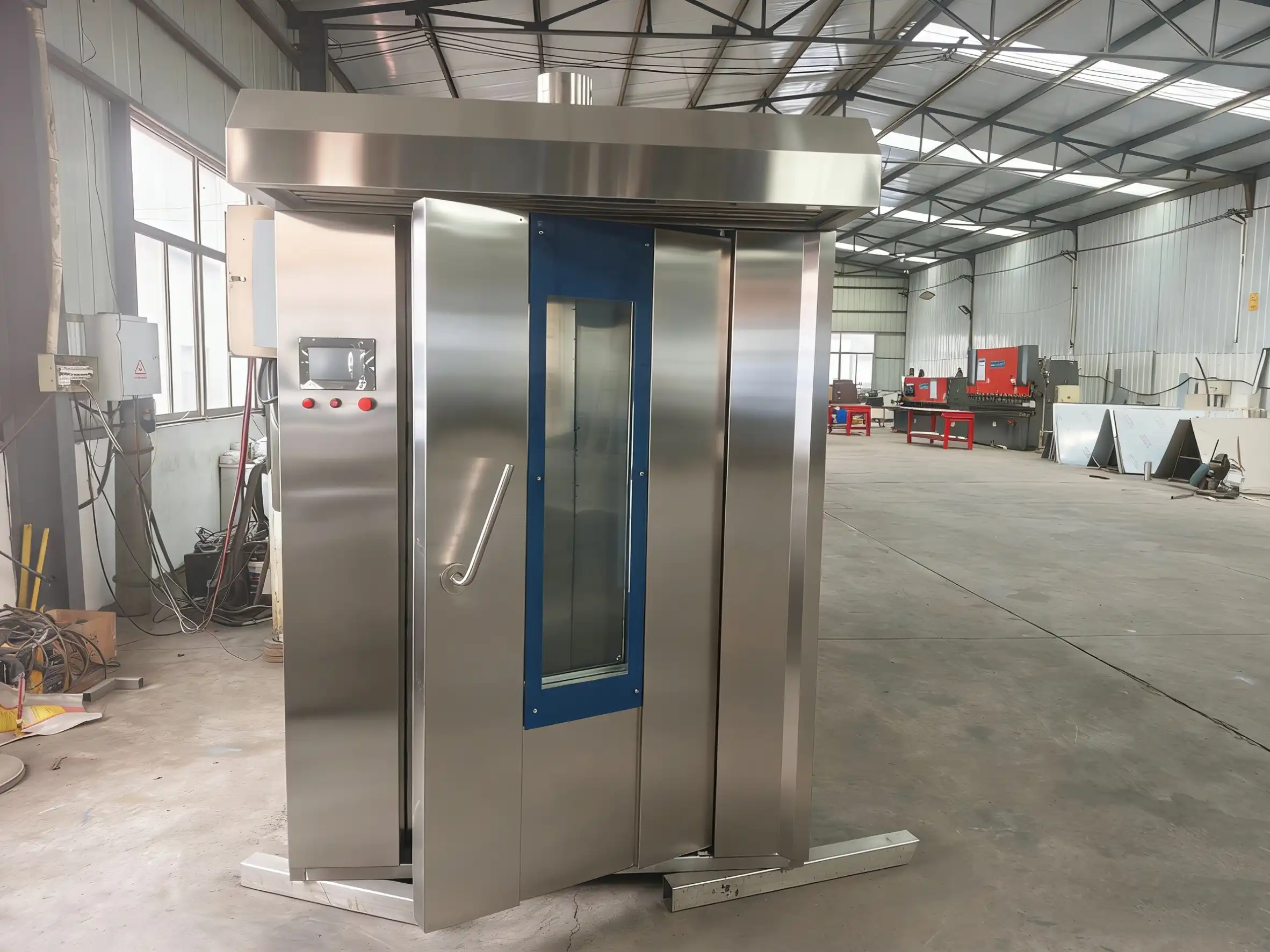 Food grade stainless steel convection oven for sanitary commercial food manufacturing lines.
