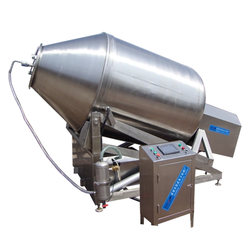 Heavy-duty hydraulic tilting vacuum marinating machine for easy unloading in meat plants.