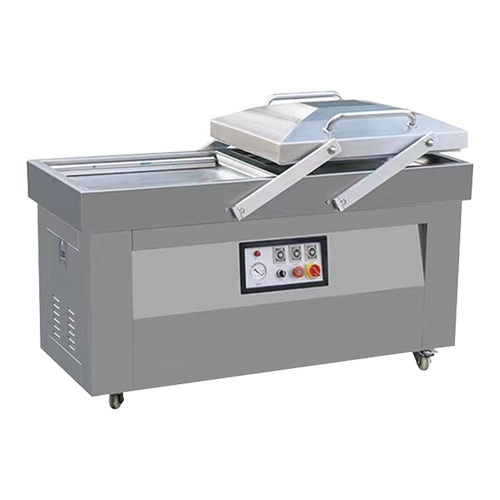 Industrial double chamber vacuum packaging machine for high-efficiency food sealing.