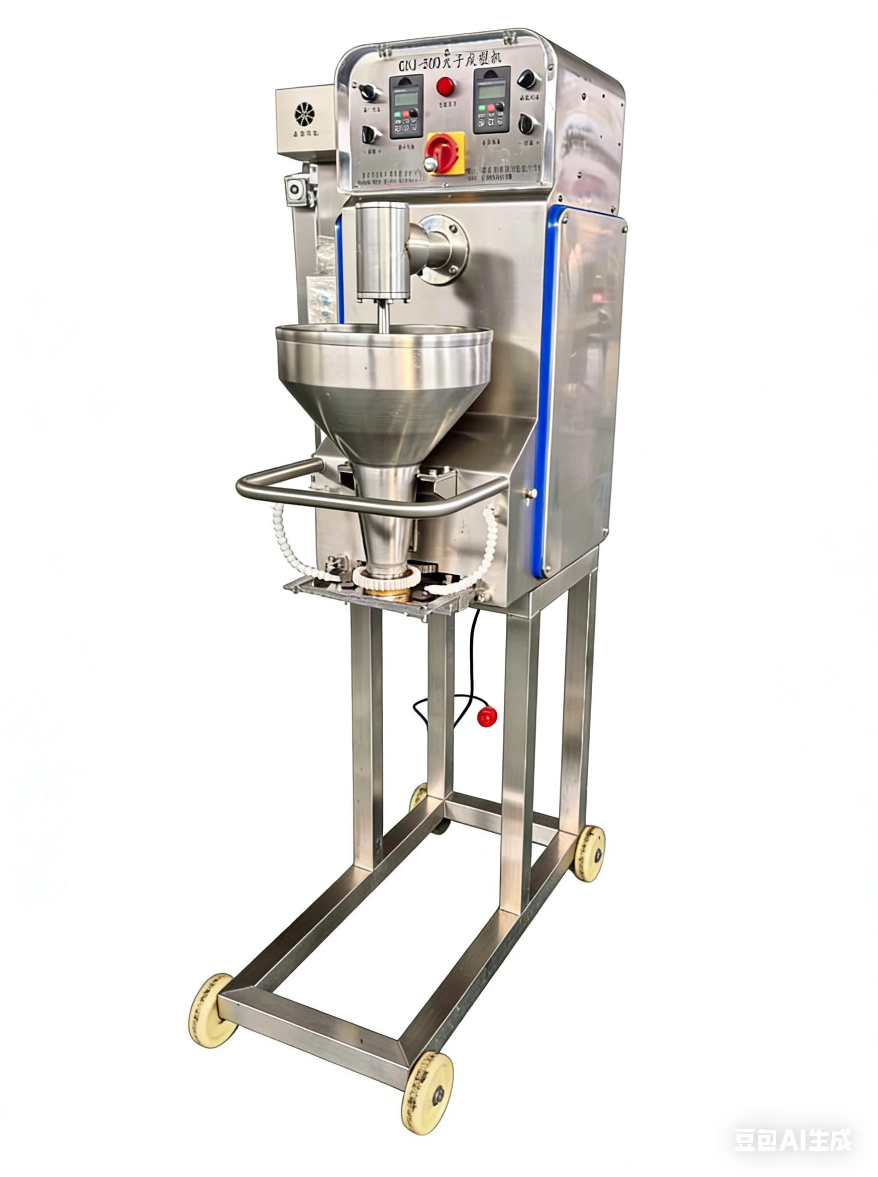 Sanitary stainless steel meatball extruder with quick-release parts for easy washdown.