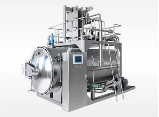 industrial retort sterilizer with control panel and stainless steel piping