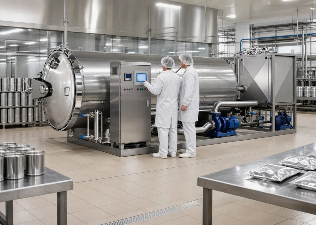 retort sterilizer in a food processing factory with engineers checking the control panel