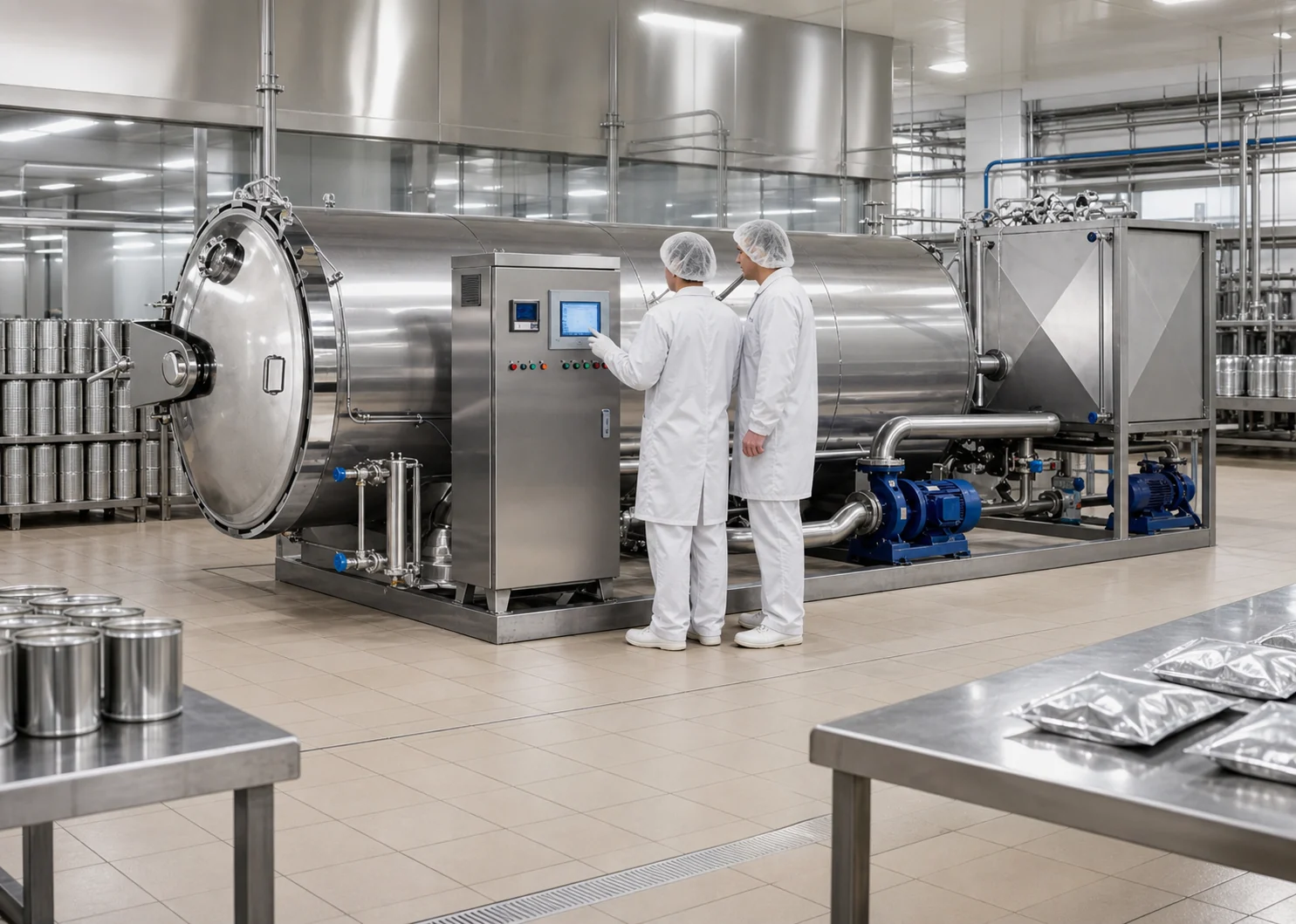 retort sterilizer in a food processing factory with engineers checking the control panel