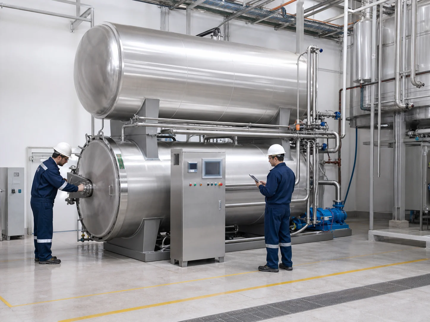 engineers installing and checking a double layer retort sterilizer system
