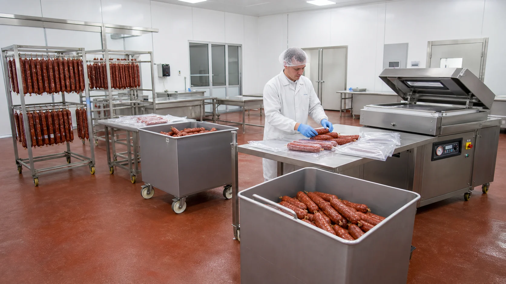 Finished sausages transferred to vacuum packaging area with stainless steel carts