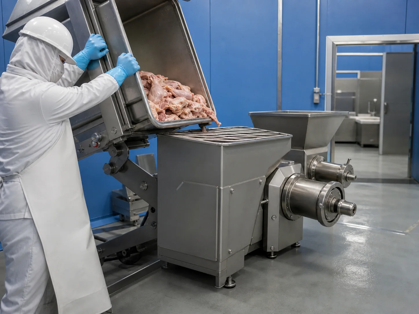 operator preparing poultry frames for MDM meat mechanical separation