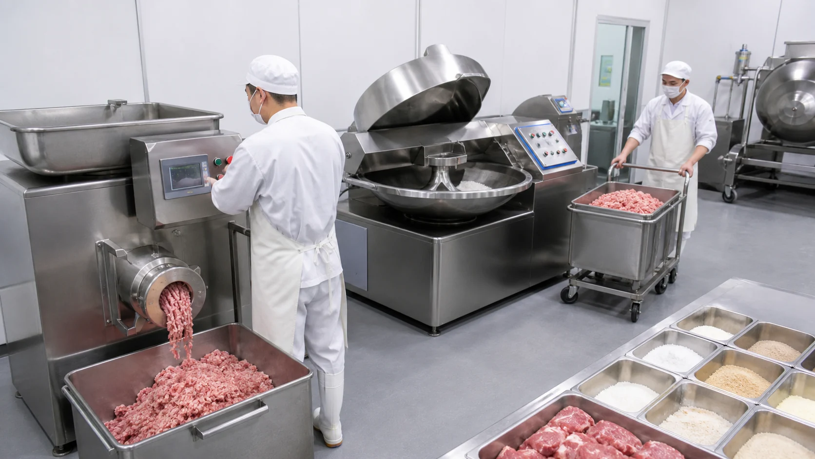 Sausage meat preparation with grinder bowl cutter mixer and stainless steel carts