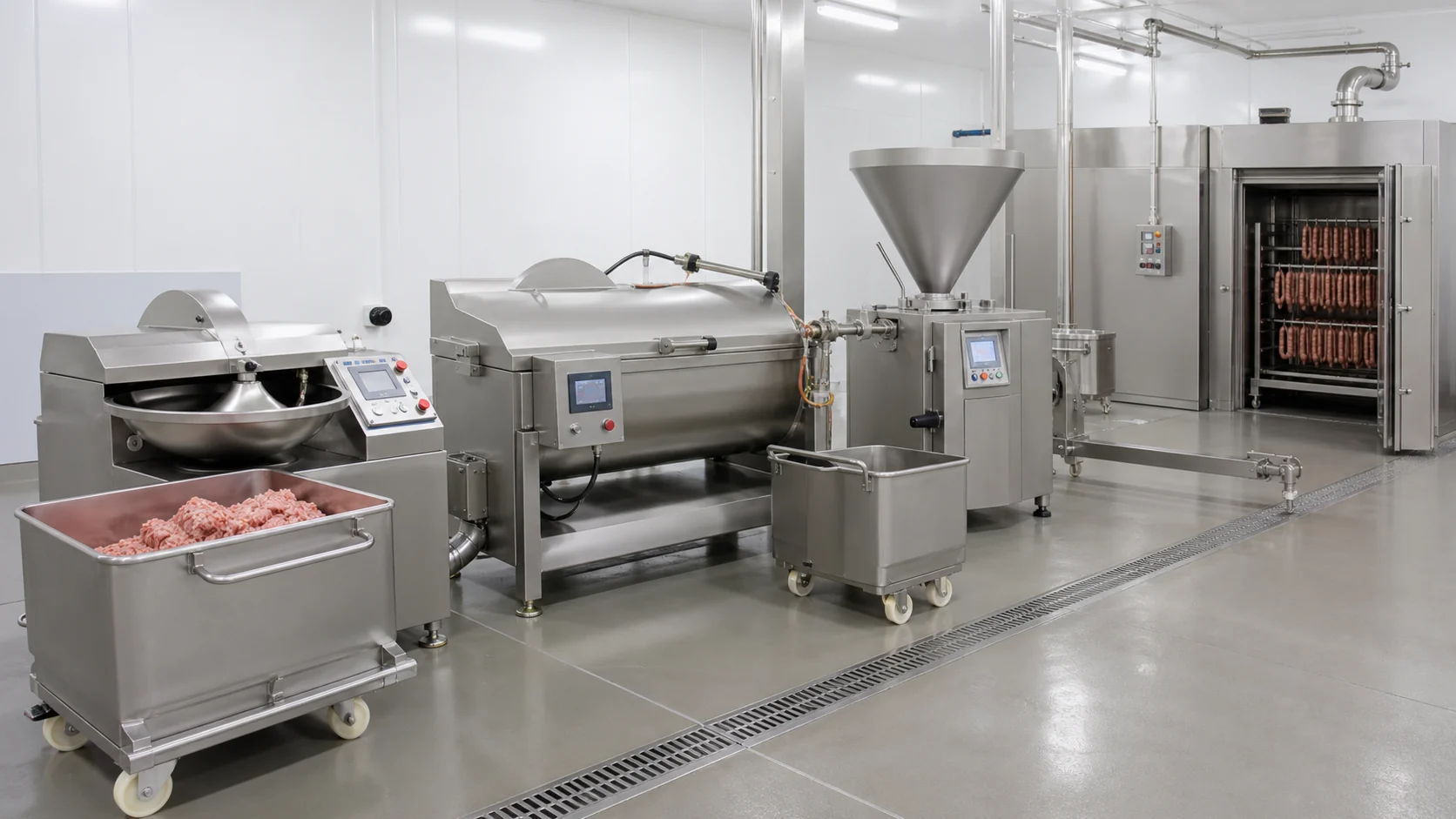 Sausage production line with mixer filler smokehouse and stainless steel carts