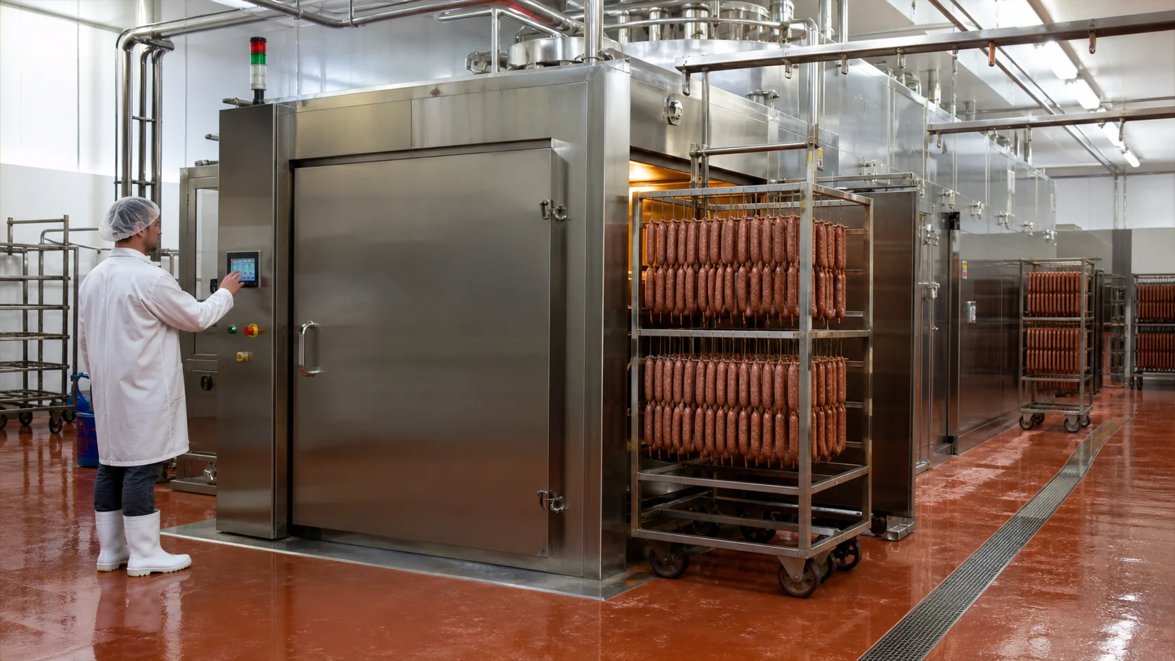 Industrial sausage smokehouse with sausage racks and operator control panel
