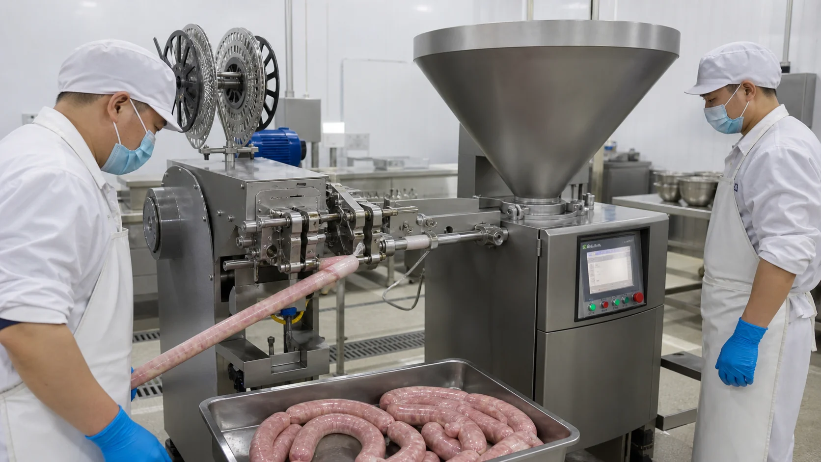 Vacuum sausage stuffer connected to clipping machine in a meat processing factory