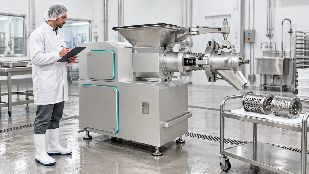 Engineer inspecting an industrial meat bone deboner and separation screens in a hygienic test bay