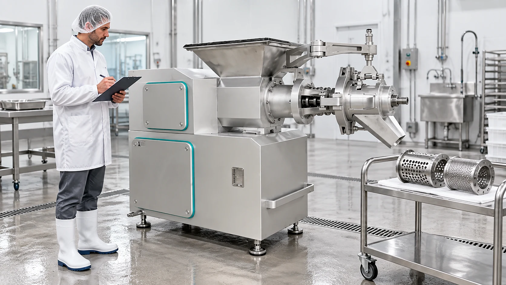 Engineer inspecting an industrial meat bone deboner and separation screens in a hygienic test bay