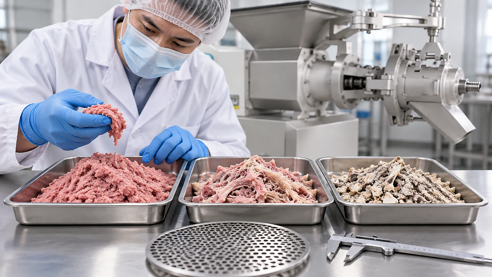 Technician inspecting recovered meat, fibrous tissue and bone-rich residue during a machine trial