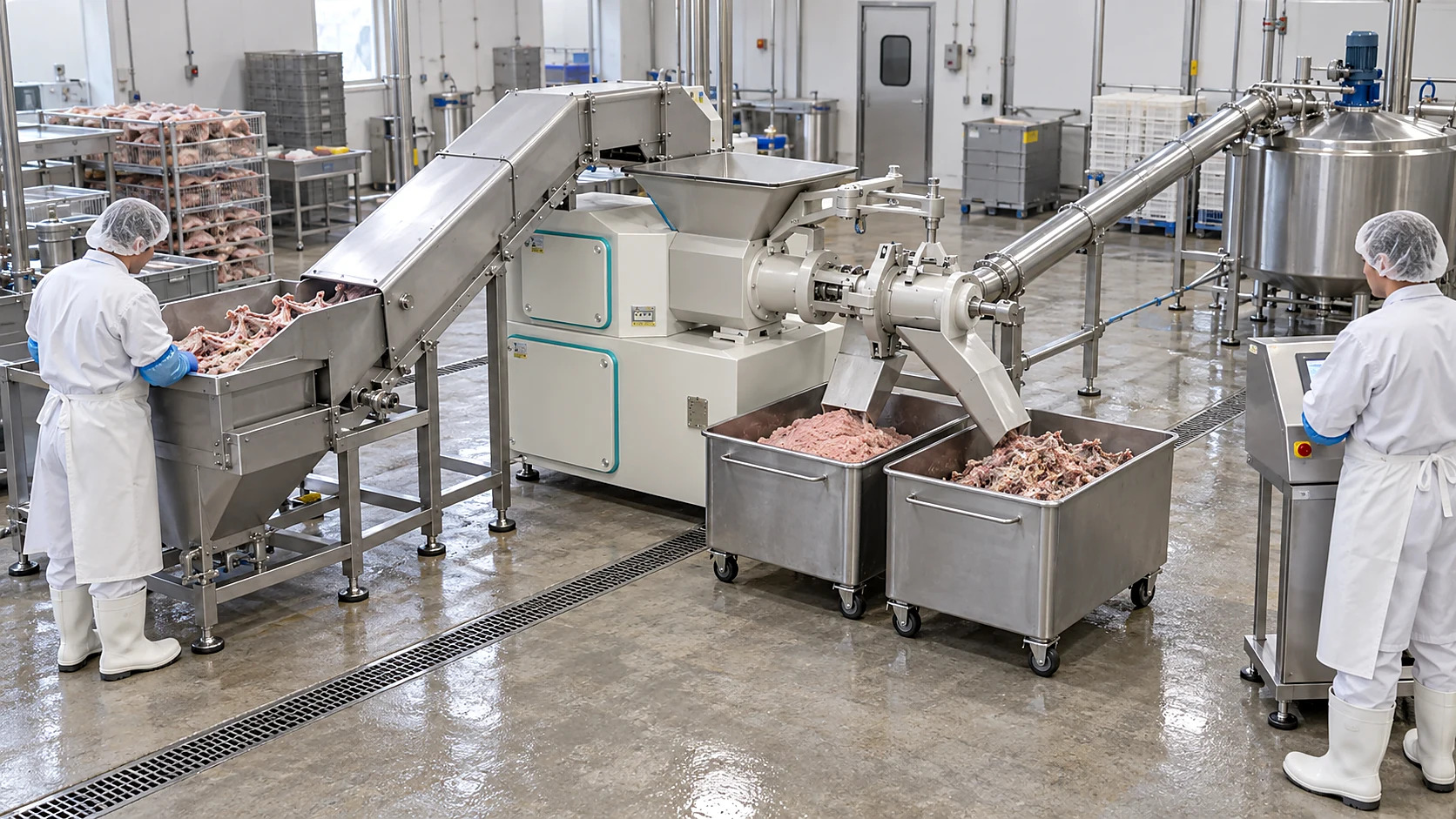 Organized poultry processing line with feed preparation, meat bone separator and separate collection bins