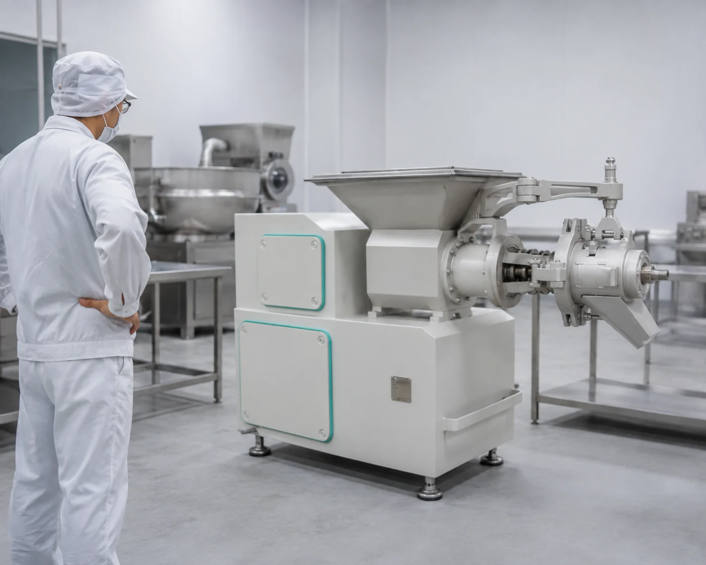 Buyer inspecting meat bone separator layout in a clean processing room
