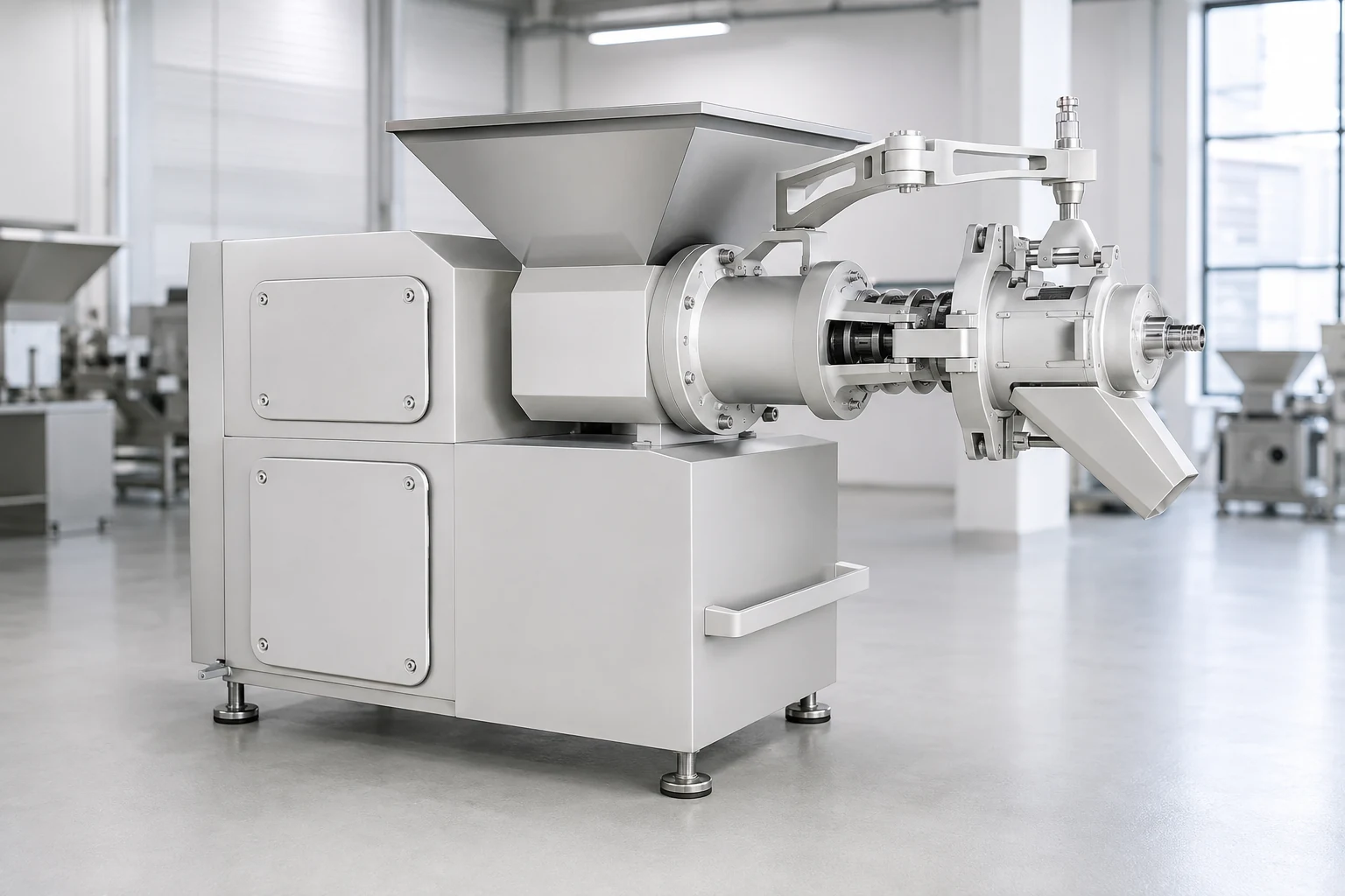 Meat bone separator machine in a clean showroom for parts inspection