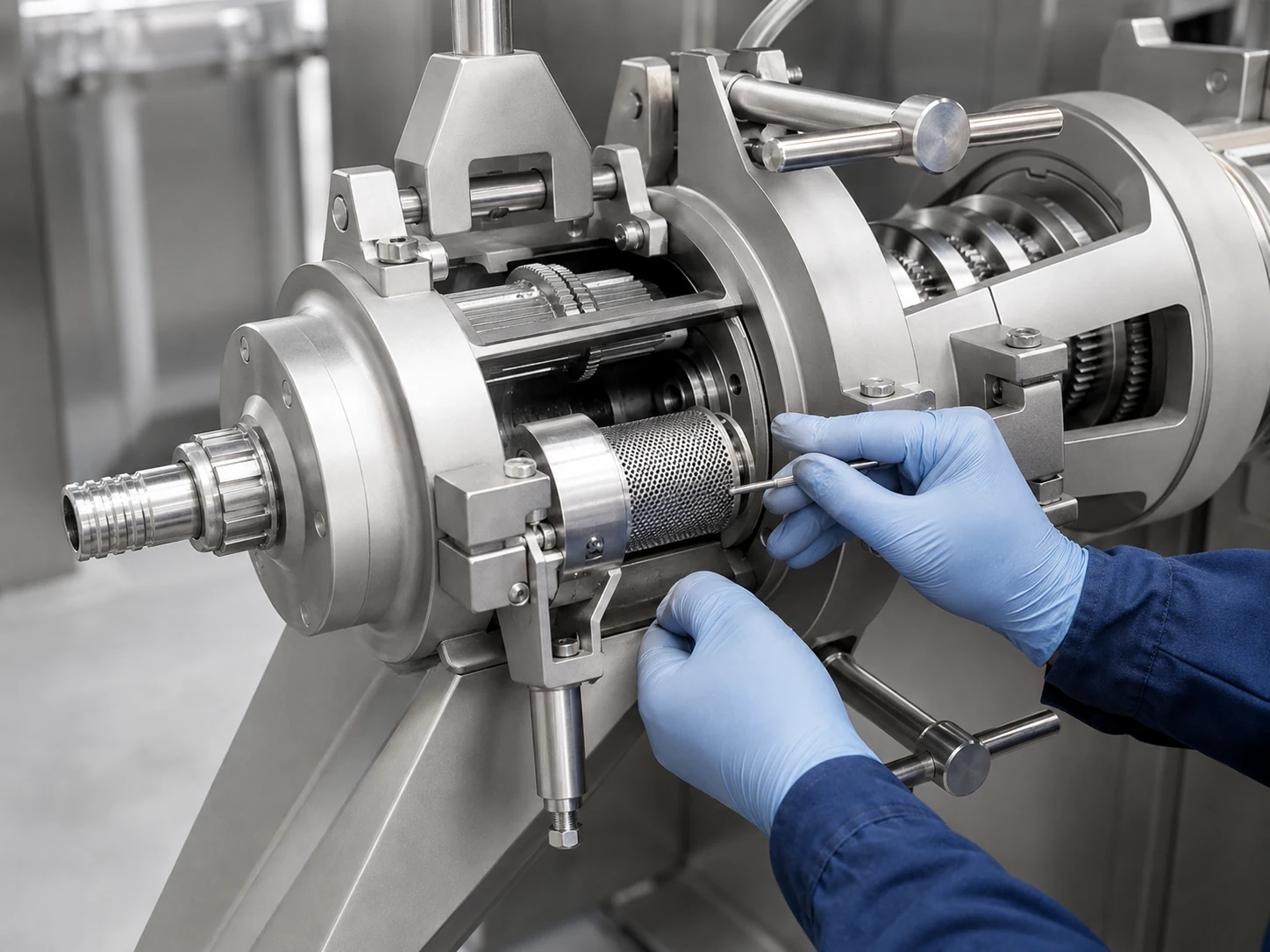 Technician checking the separation head and screen area of a meat bone separator