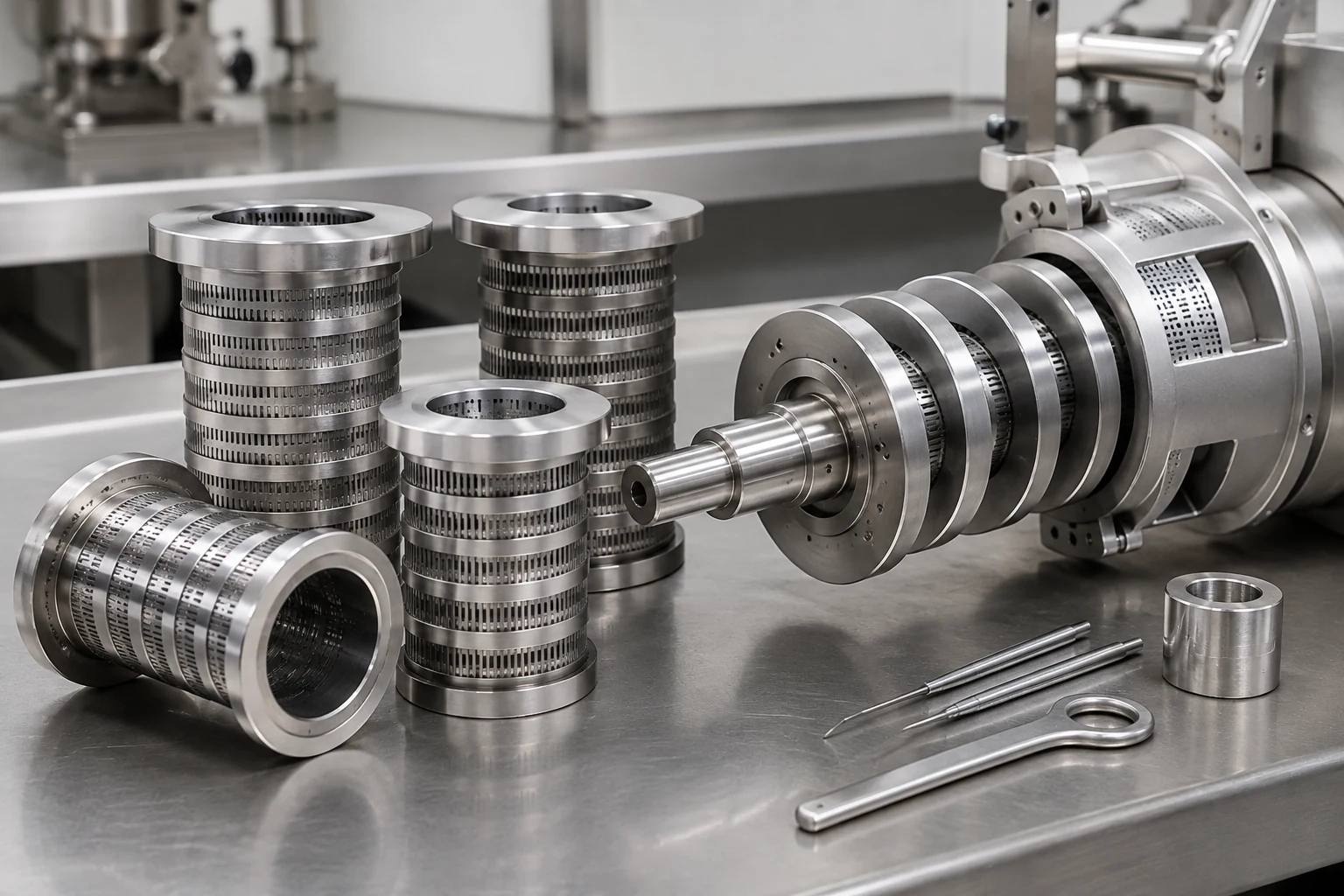 Meat bone separator spare screens and auger components on a stainless workbench