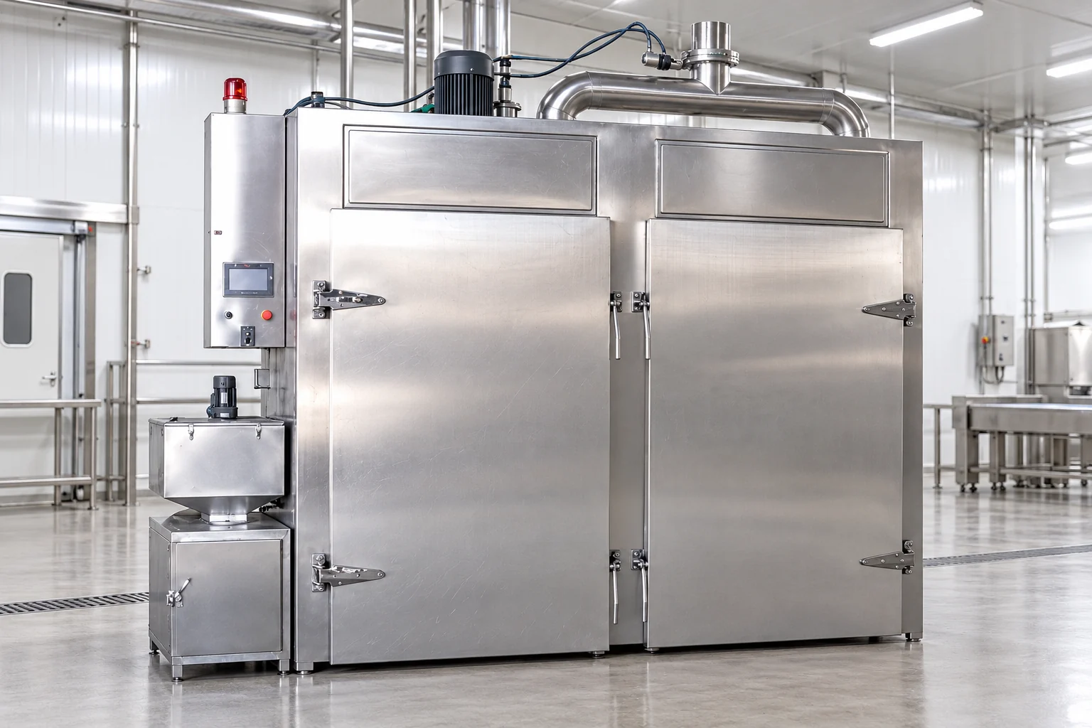 Illustrative two-door industrial sausage smokehouse in a clean factory with left-side controls and roof ducting