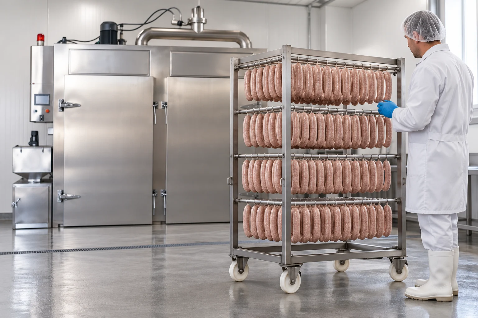 Worker checking spacing of raw sausages on a hanging trolley outside an industrial smokehouse