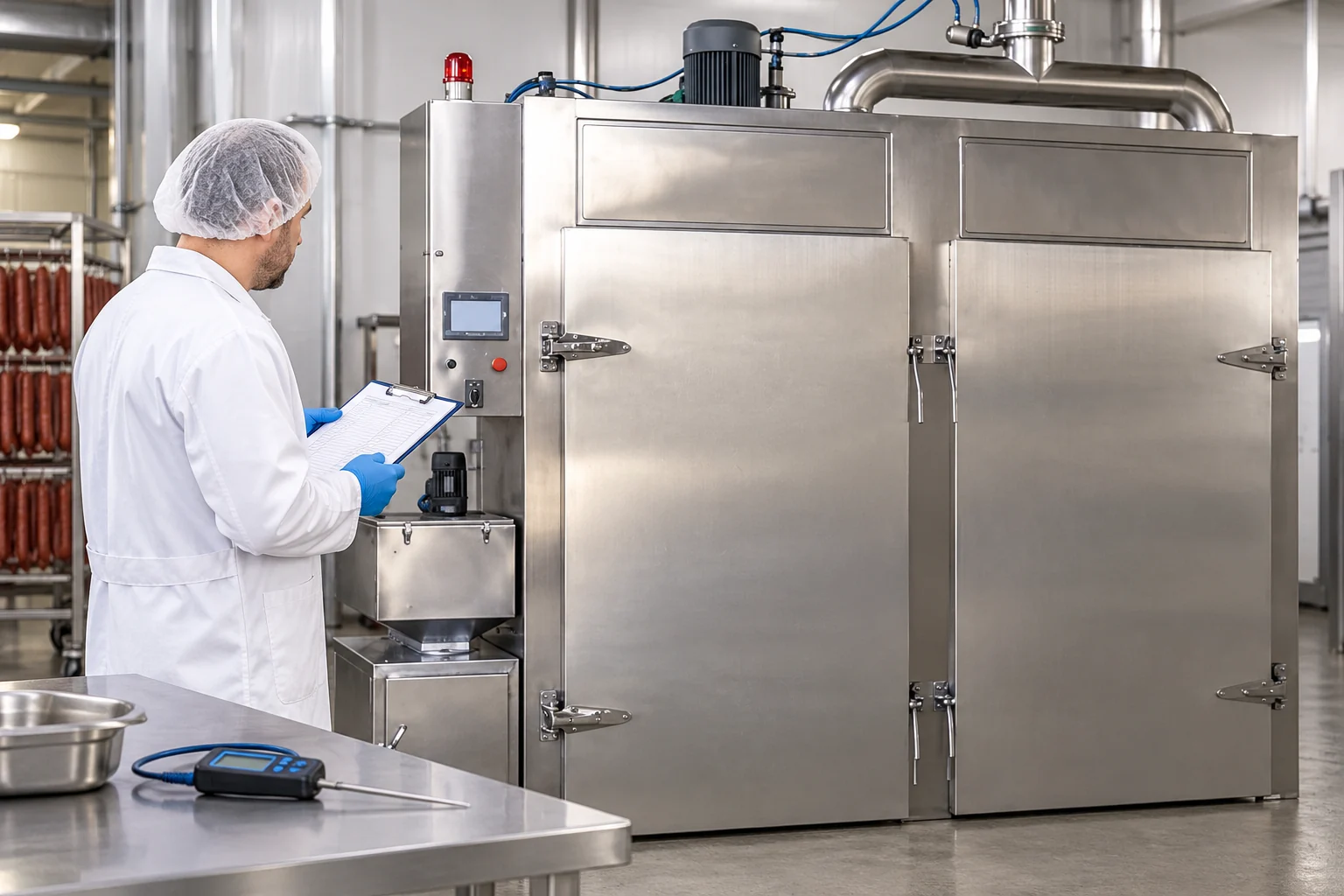 Technician reviewing a process log beside a closed two-door sausage smokehouse and control panel