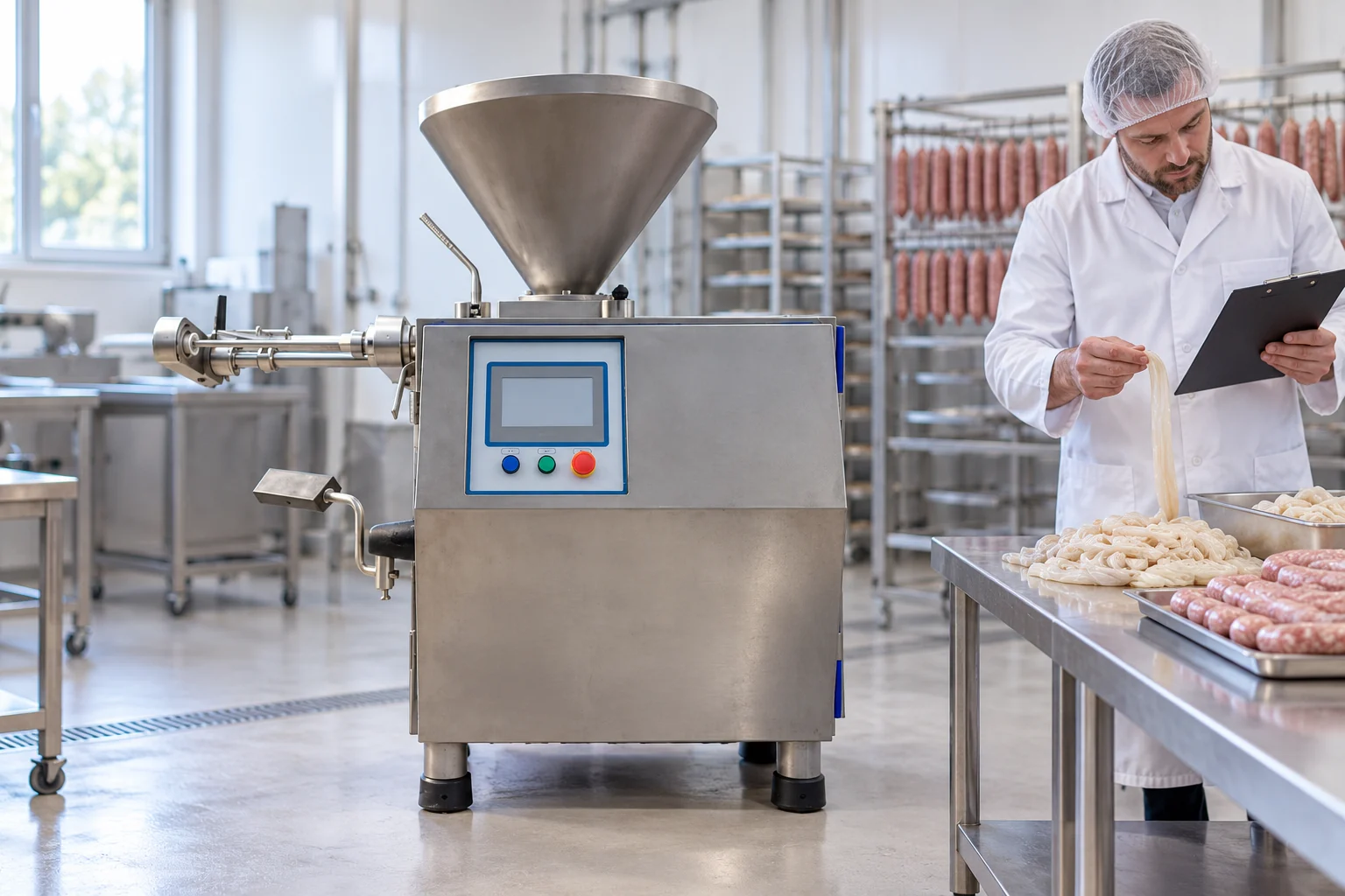 Buyer reviewing casing requirements beside a vacuum sausage filler in a clean factory test area
