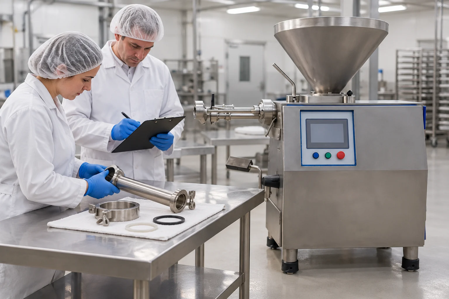Technicians inspecting a filling horn and seals beside a stopped vacuum sausage filler